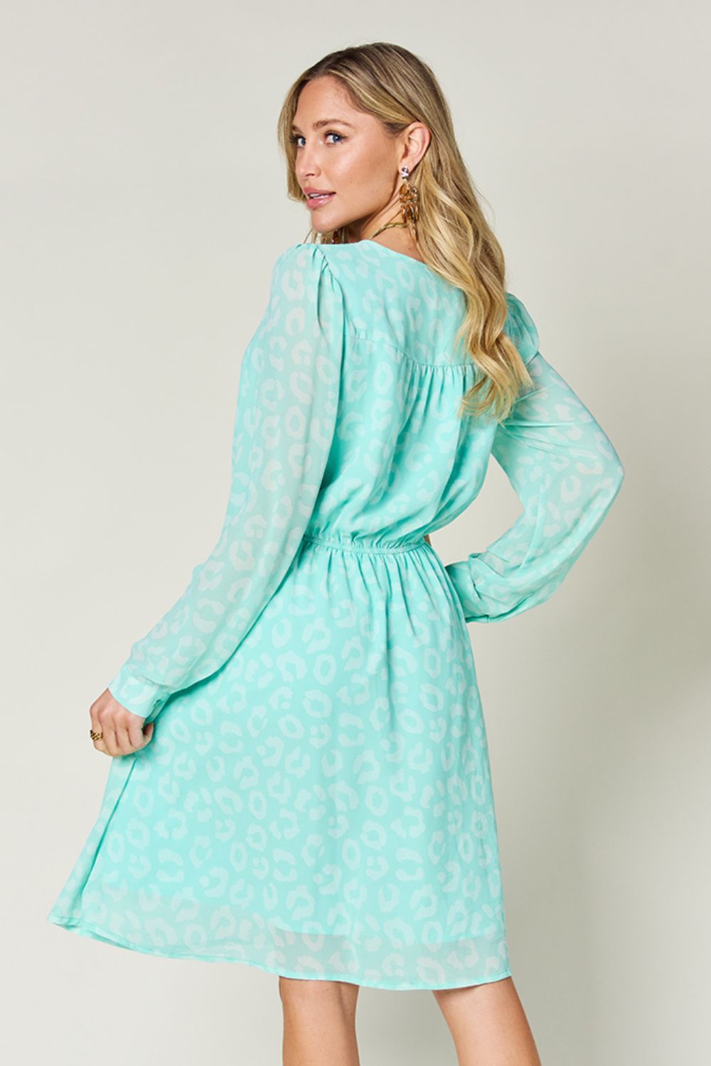 Double Take Printed Ruched V-Neck Long Sleeve Dress