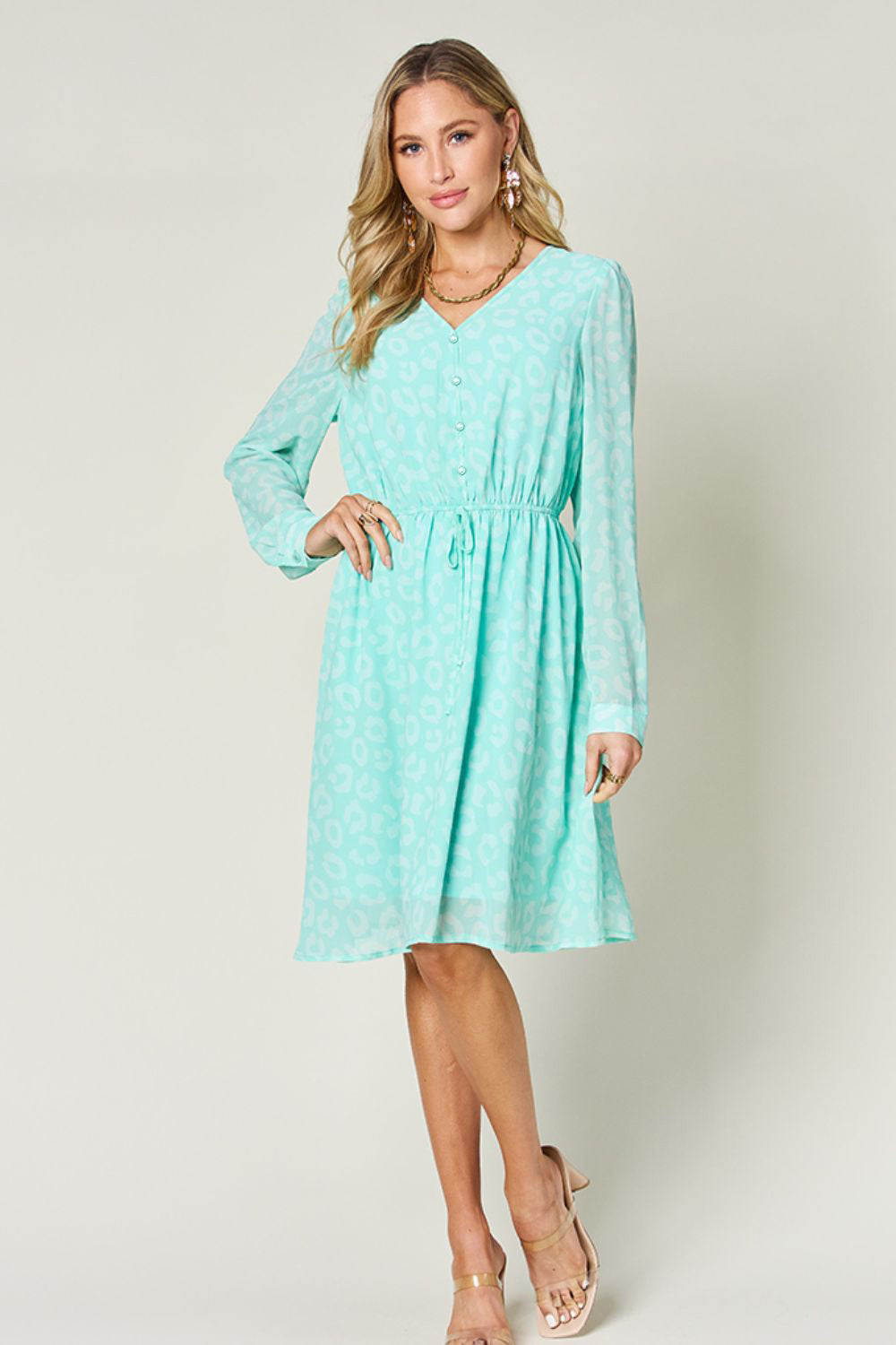 Double Take Printed Ruched V-Neck Long Sleeve Dress