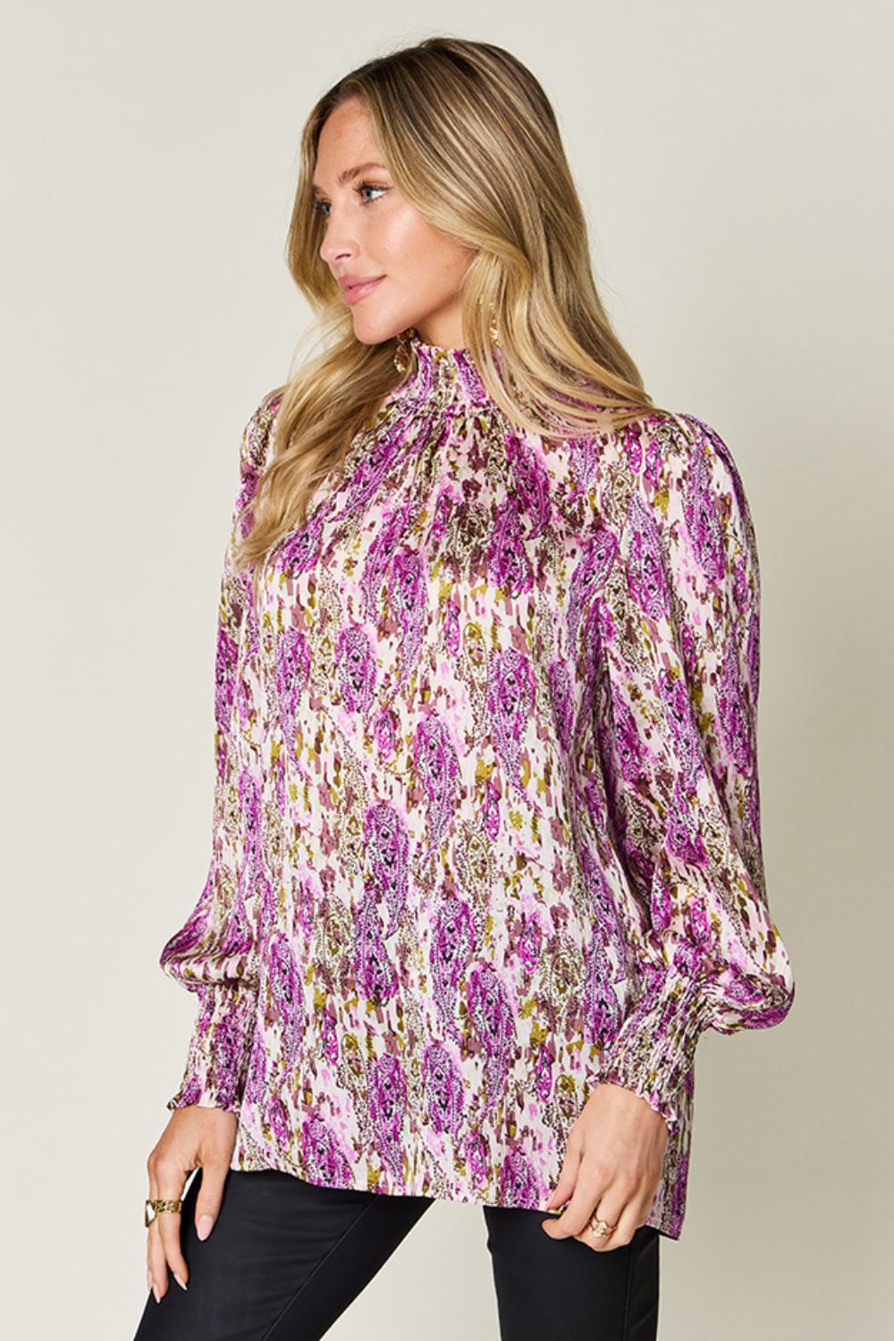 Double Take Printed Smocked Long Sleeve Blouse