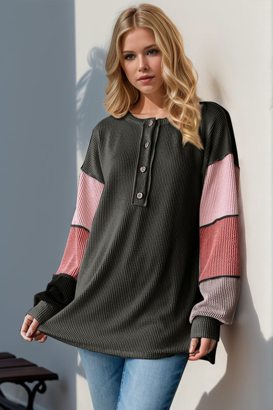 Double Take Color Block Round Neck Long Sleeve T-Shirt