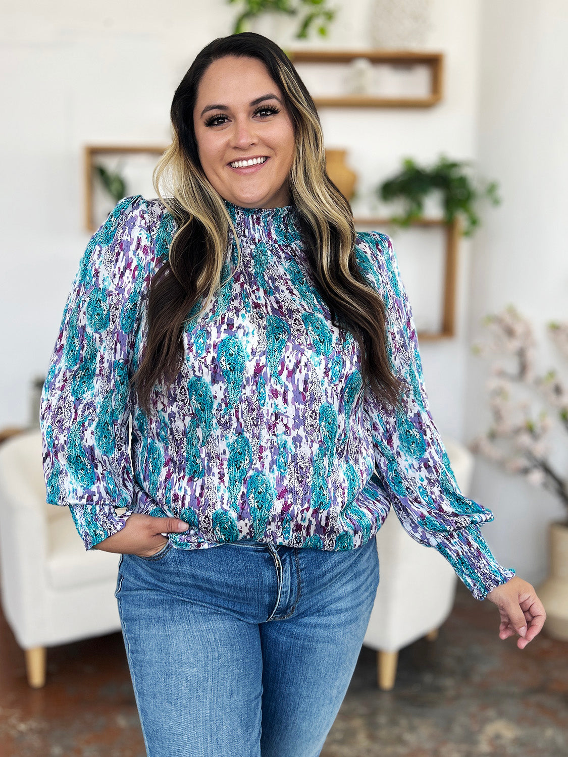 Double Take Printed Smocked Long Sleeve Blouse