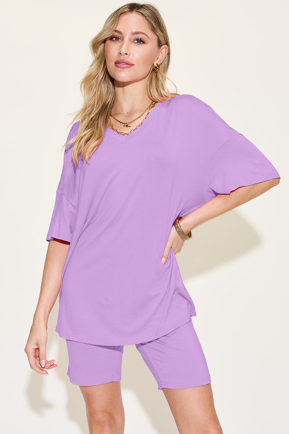 Basic Bae Bamboo V-Neck Drop Shoulder T-Shirt and Shorts Set