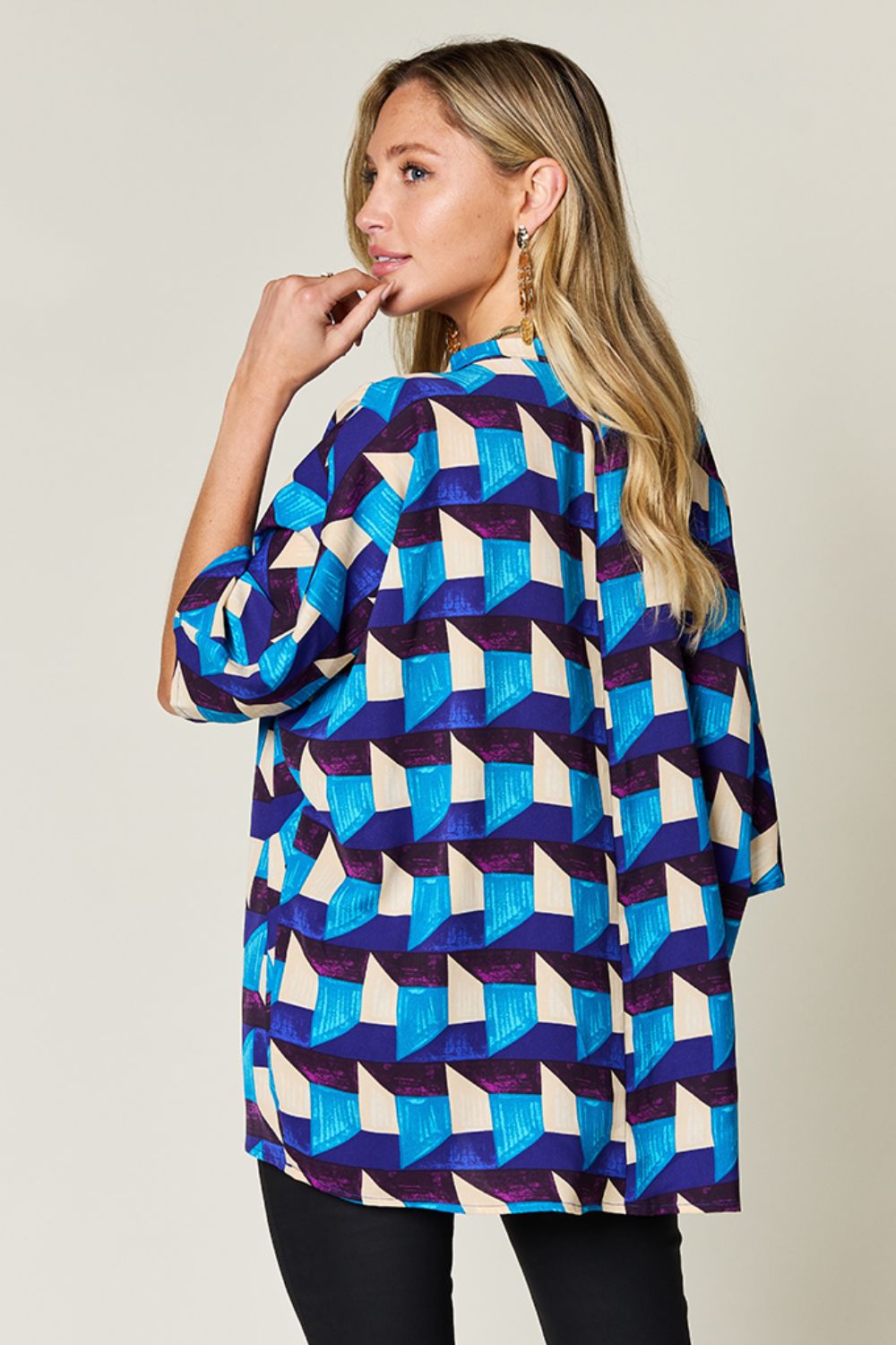 Double Take Geometric Notched Half Sleeve Blouse