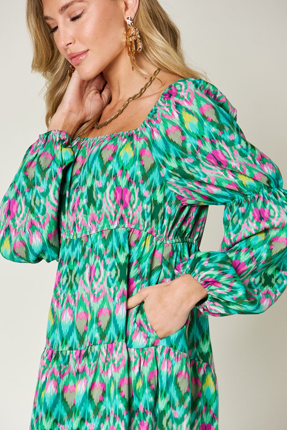 Double Take Printed Long Sleeve Dress