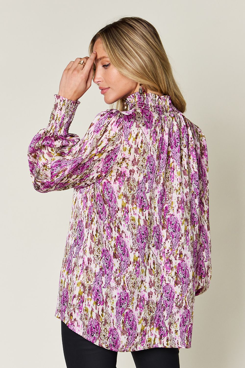 Double Take Printed Smocked Long Sleeve Blouse