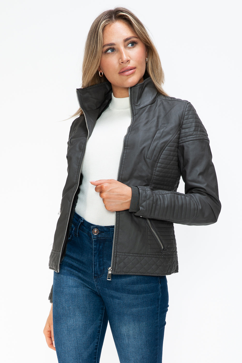 YMI Faux Layered Double-Zipper Jacket with Fuzzy Hood