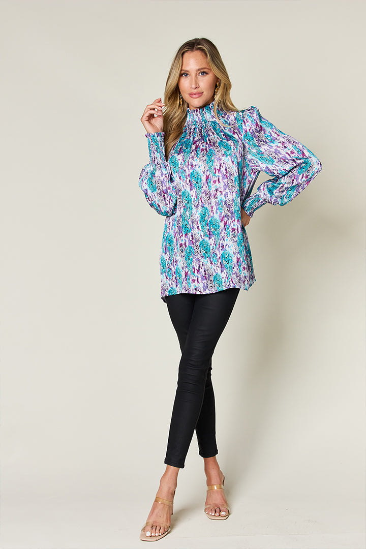 Double Take Printed Smocked Long Sleeve Blouse