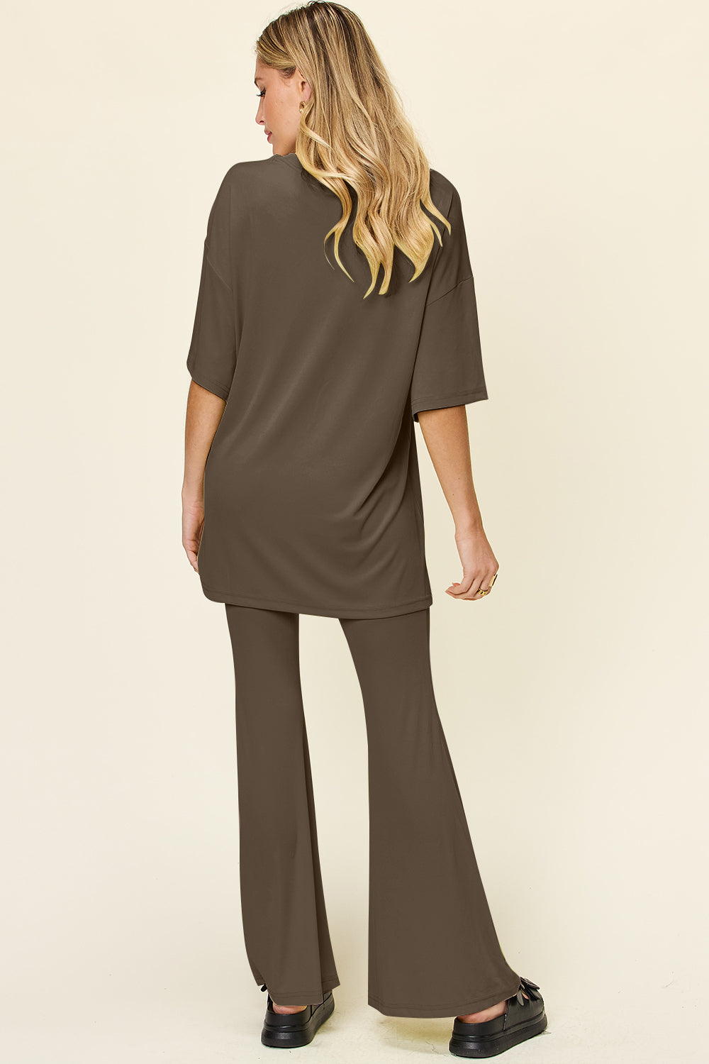 Double Take Round Neck Drop Shoulder T-Shirt and Flare Pants Set