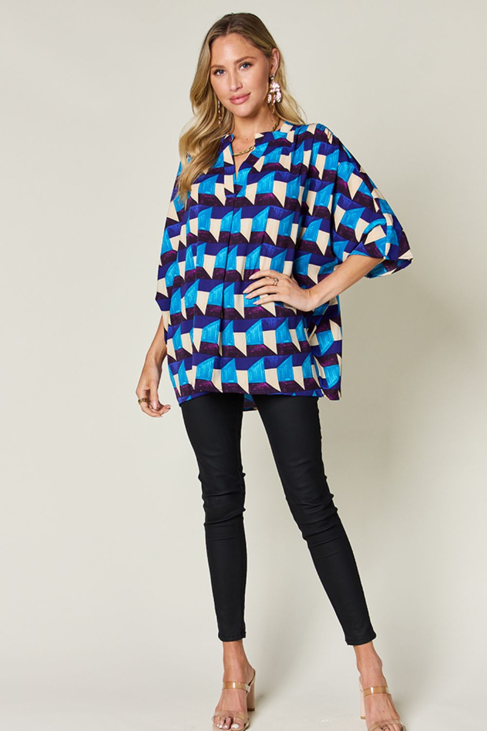 Double Take Geometric Notched Half Sleeve Blouse