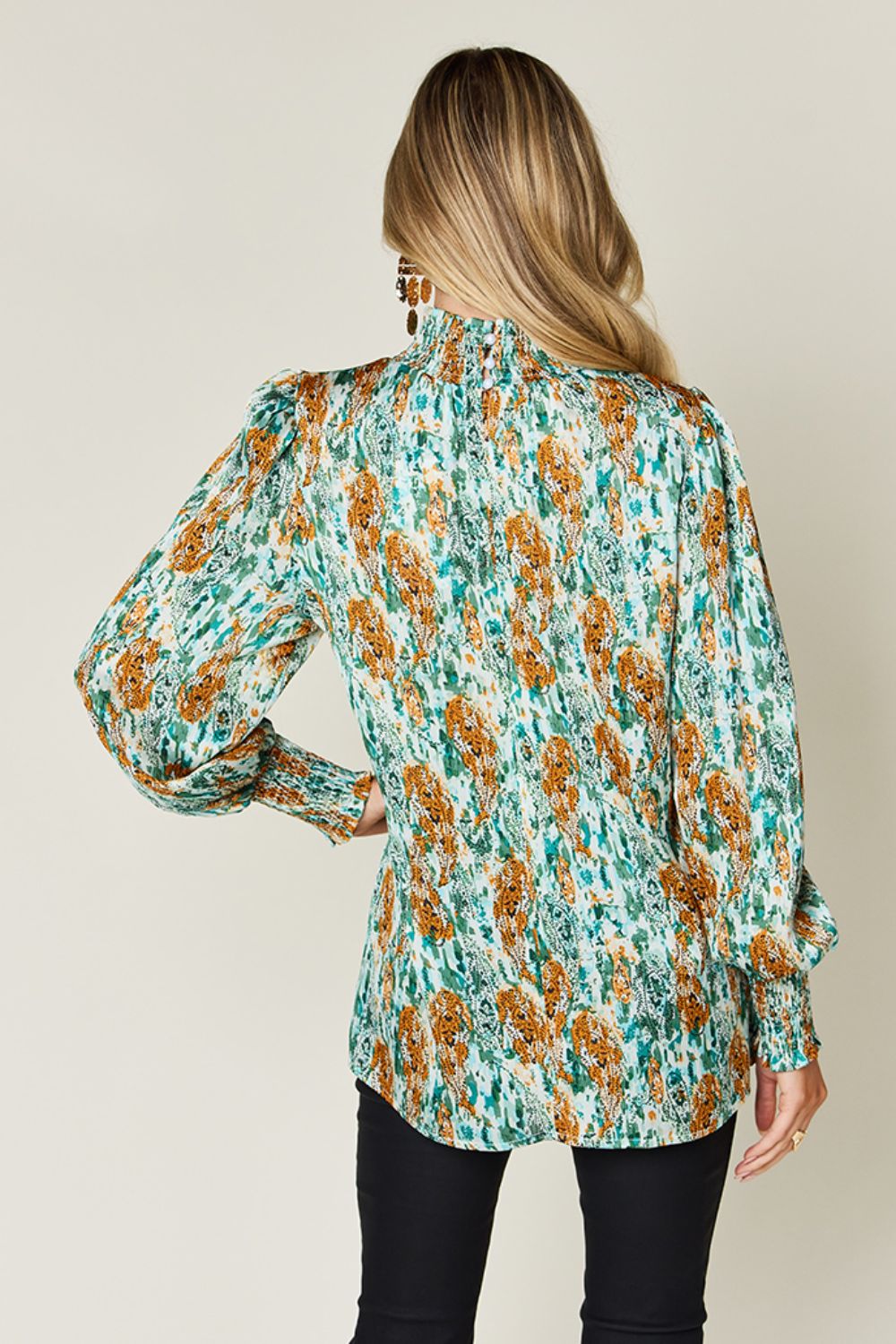 Double Take Printed Smocked Long Sleeve Blouse