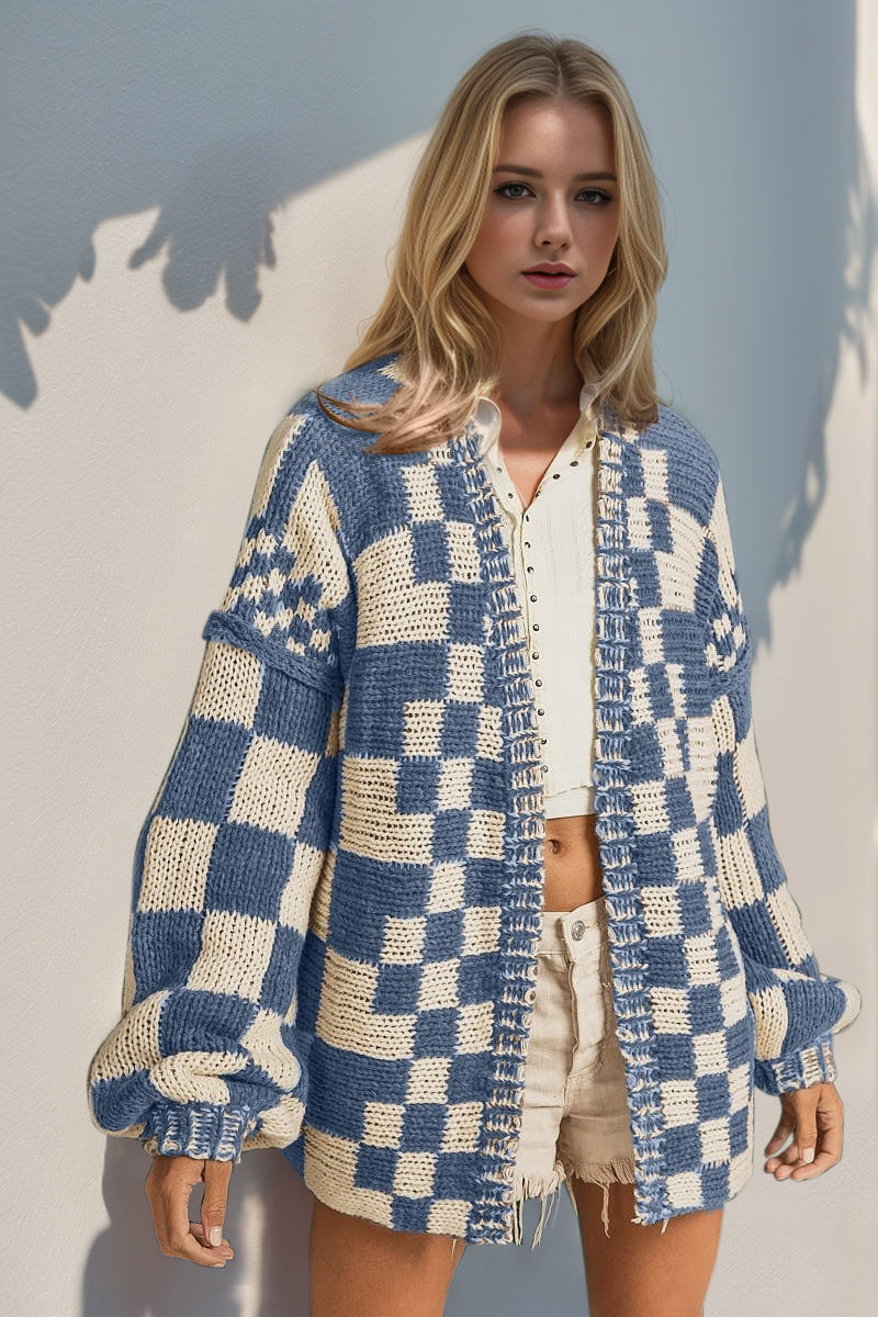 Double Take Open Front Checkered Drop Shoulder Cardigan