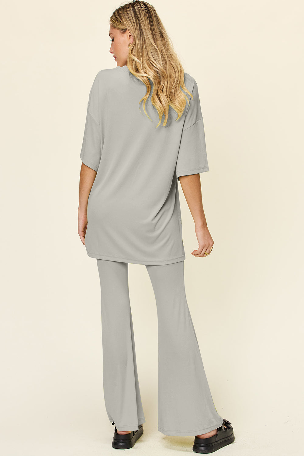 Double Take Round Neck Drop Shoulder T-Shirt and Flare Pants Set