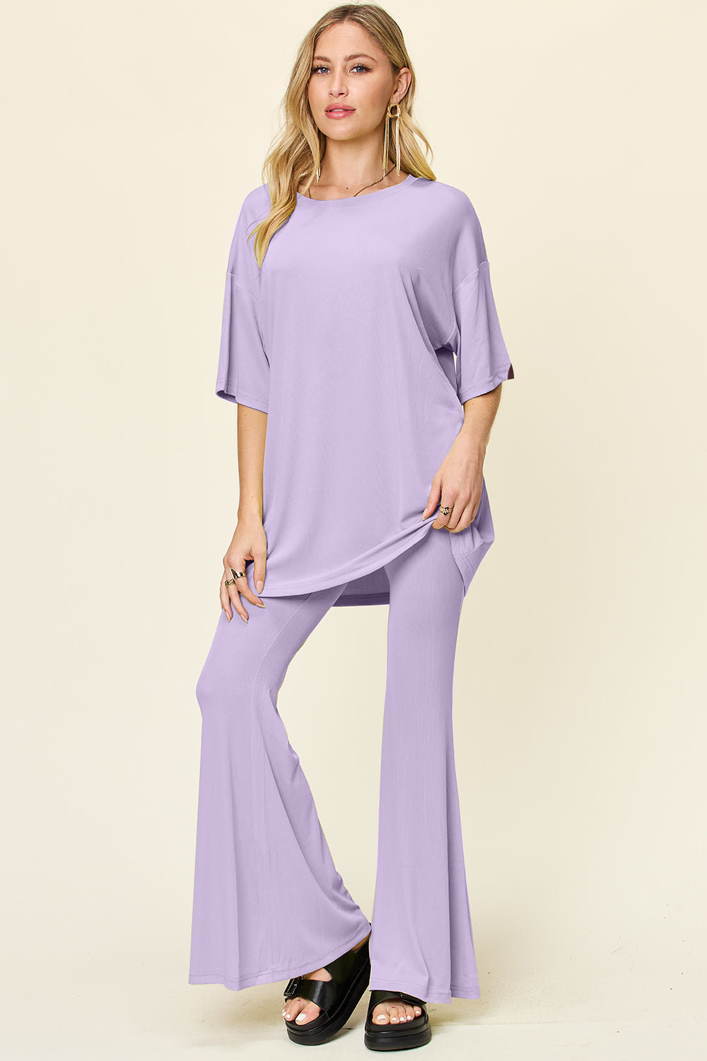 Double Take Round Neck Drop Shoulder T-Shirt and Flare Pants Set