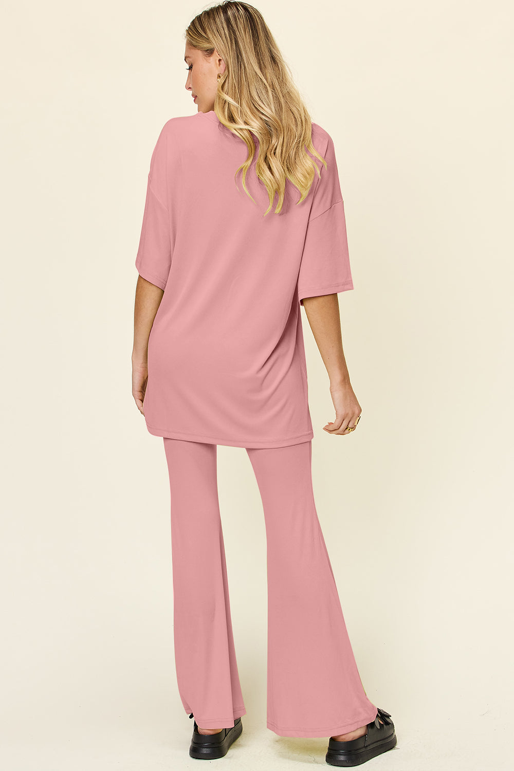 Double Take Round Neck Drop Shoulder T-Shirt and Flare Pants Set