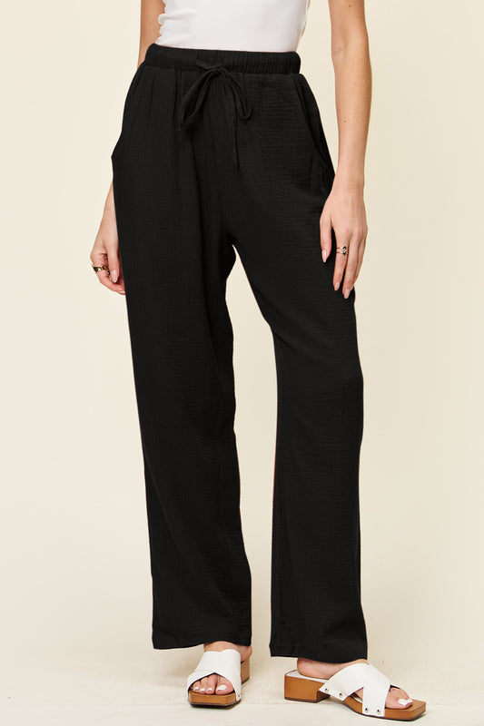 Double Take Texture Drawstring Straight Pants