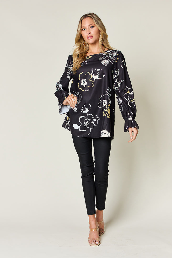 Double Take Printed Flounce Sleeve Blouse