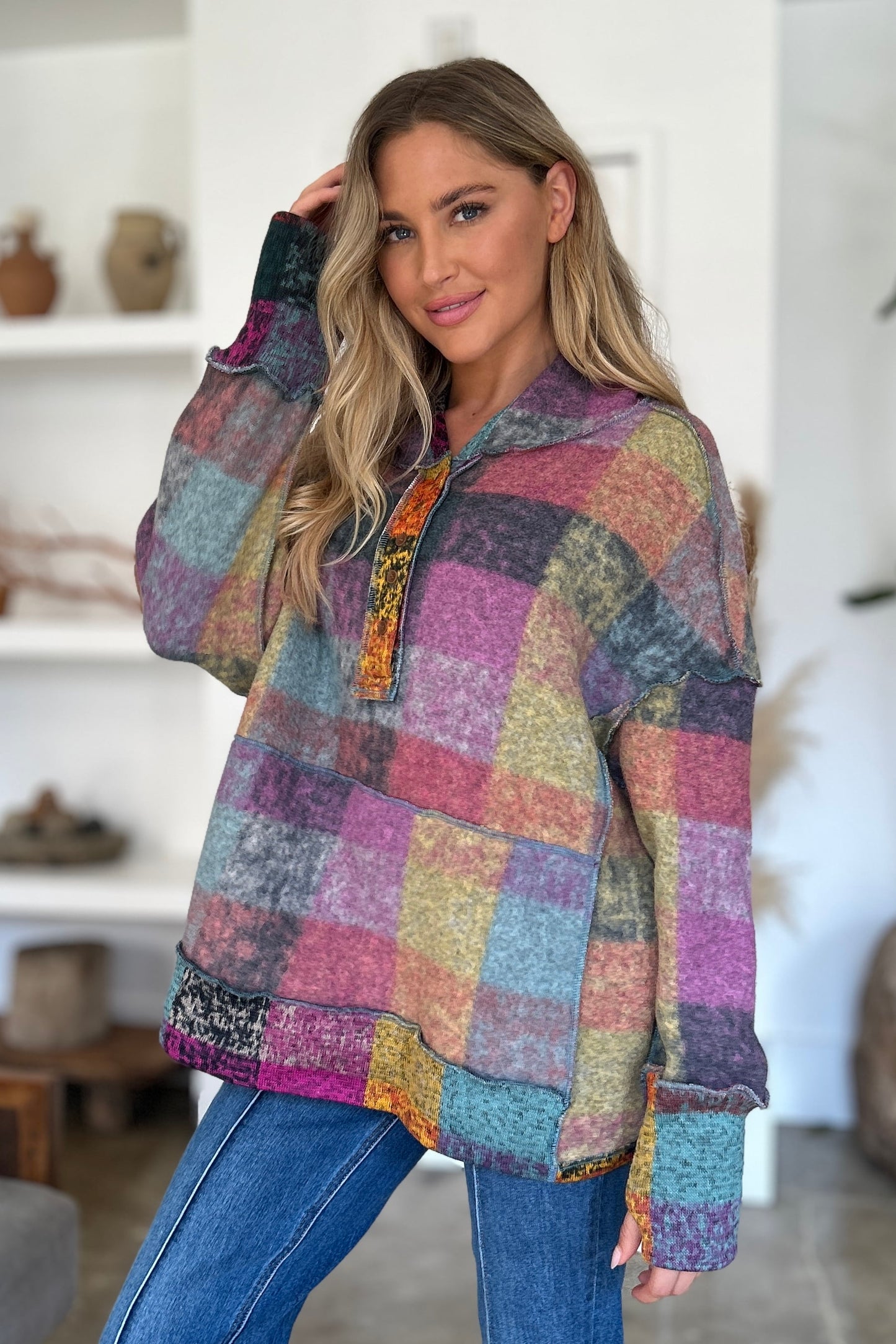 Double Take Plaid Dropped Shoulder Hoodie