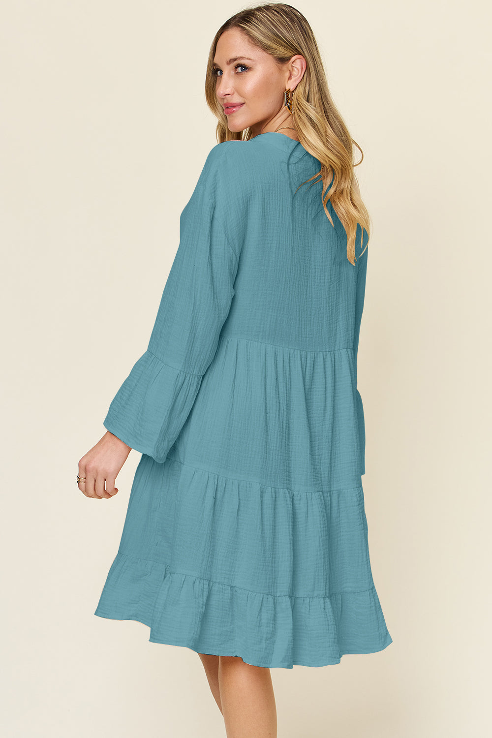 Double Take Texture Button Up Ruffle Hem Dress