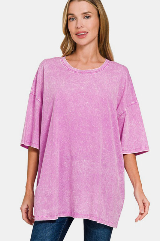 Zenana Washed Round Neck Drop Shoulder Oversized T-Shirt