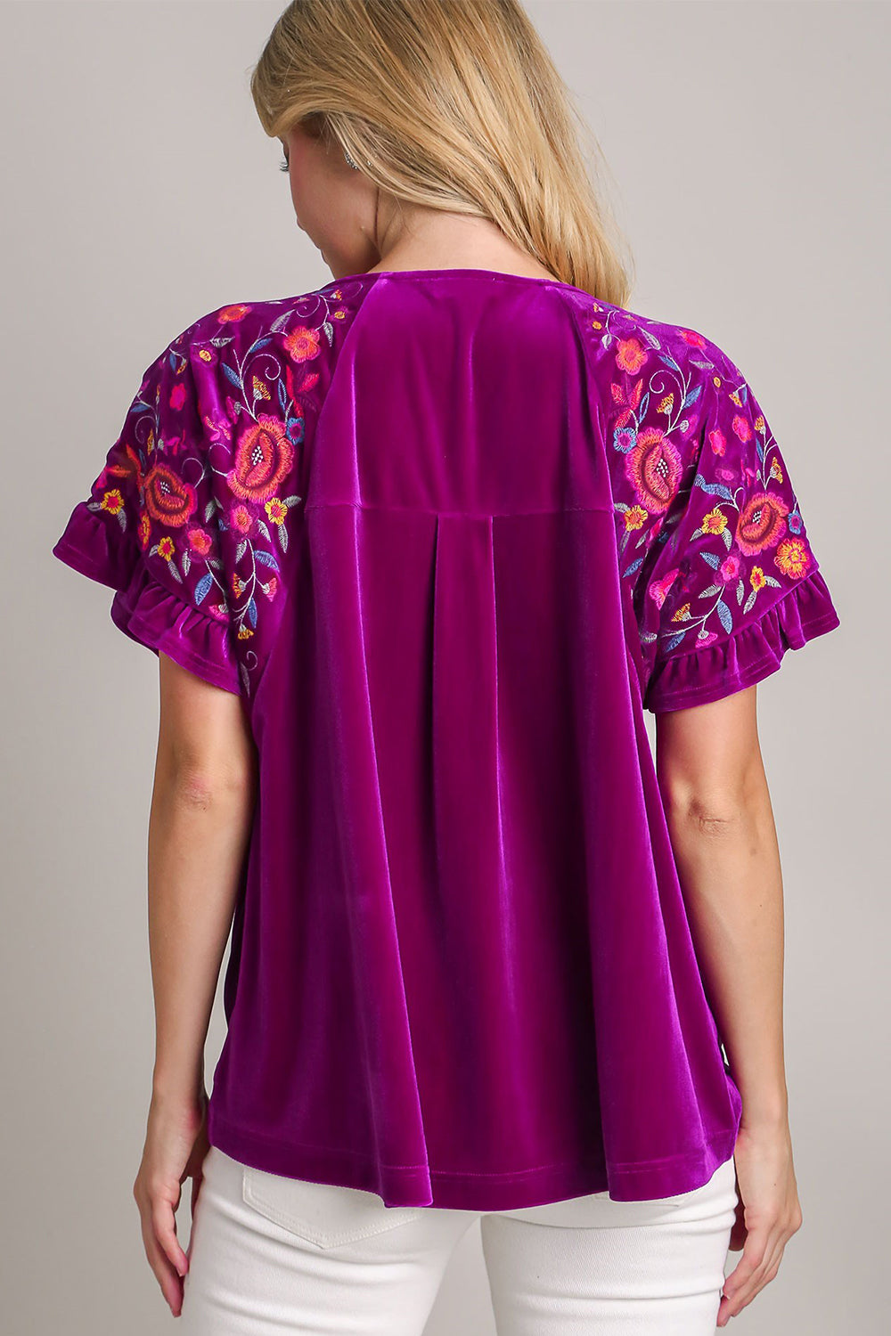 Umgee Velvet Embroidery Short Sleeve Blouse