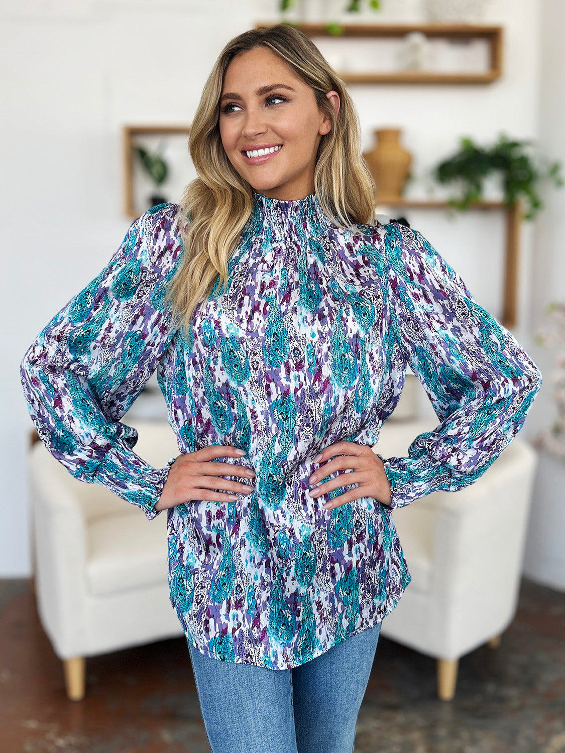 Double Take Printed Smocked Long Sleeve Blouse