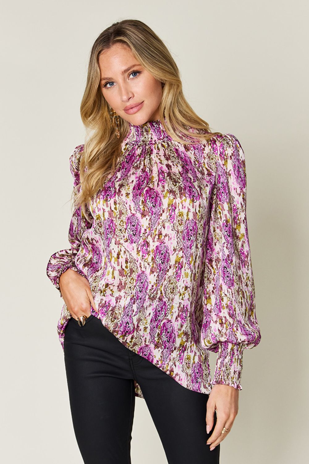 Double Take Printed Smocked Long Sleeve Blouse