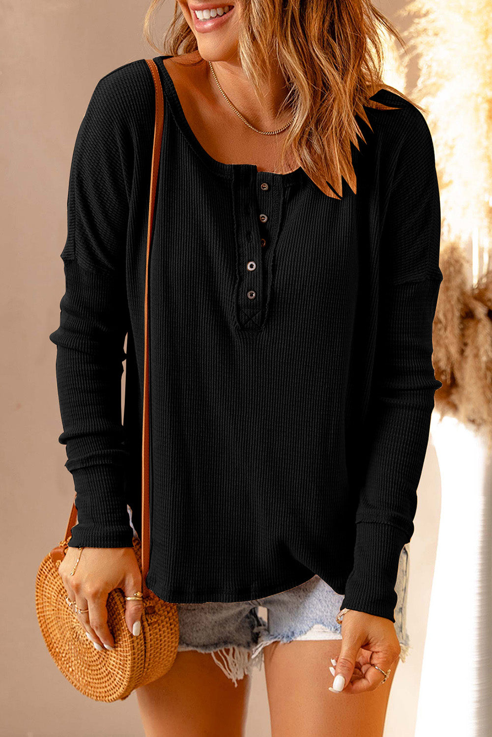 Double Take Half Button Drop Shoulder T-Shirt