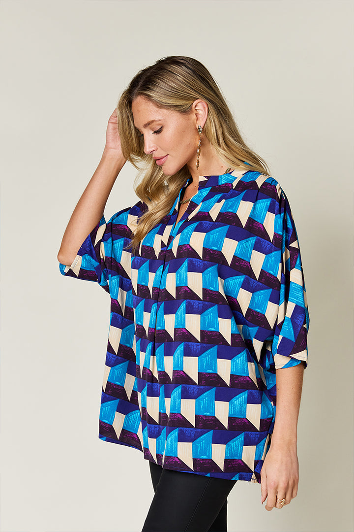 Double Take Geometric Notched Half Sleeve Blouse