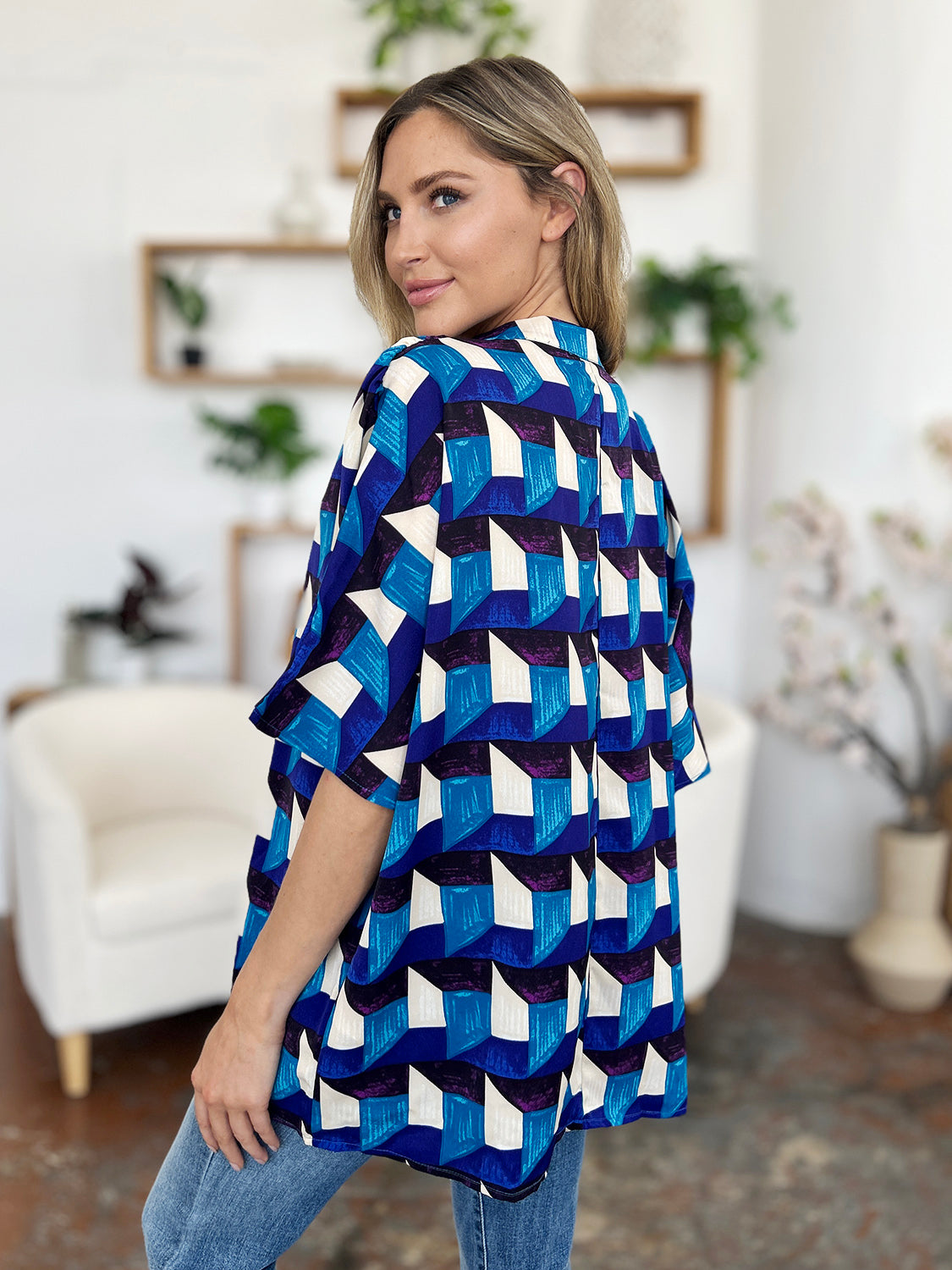 Double Take Geometric Notched Half Sleeve Blouse