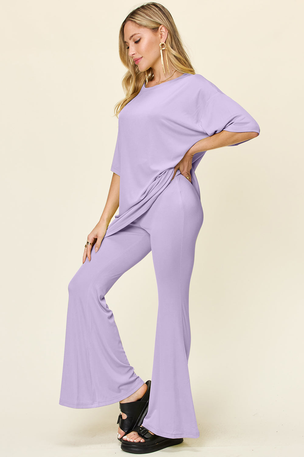 Double Take Round Neck Drop Shoulder T-Shirt and Flare Pants Set