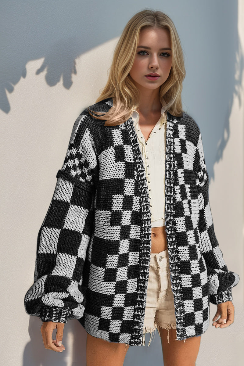 Double Take Open Front Checkered Drop Shoulder Cardigan