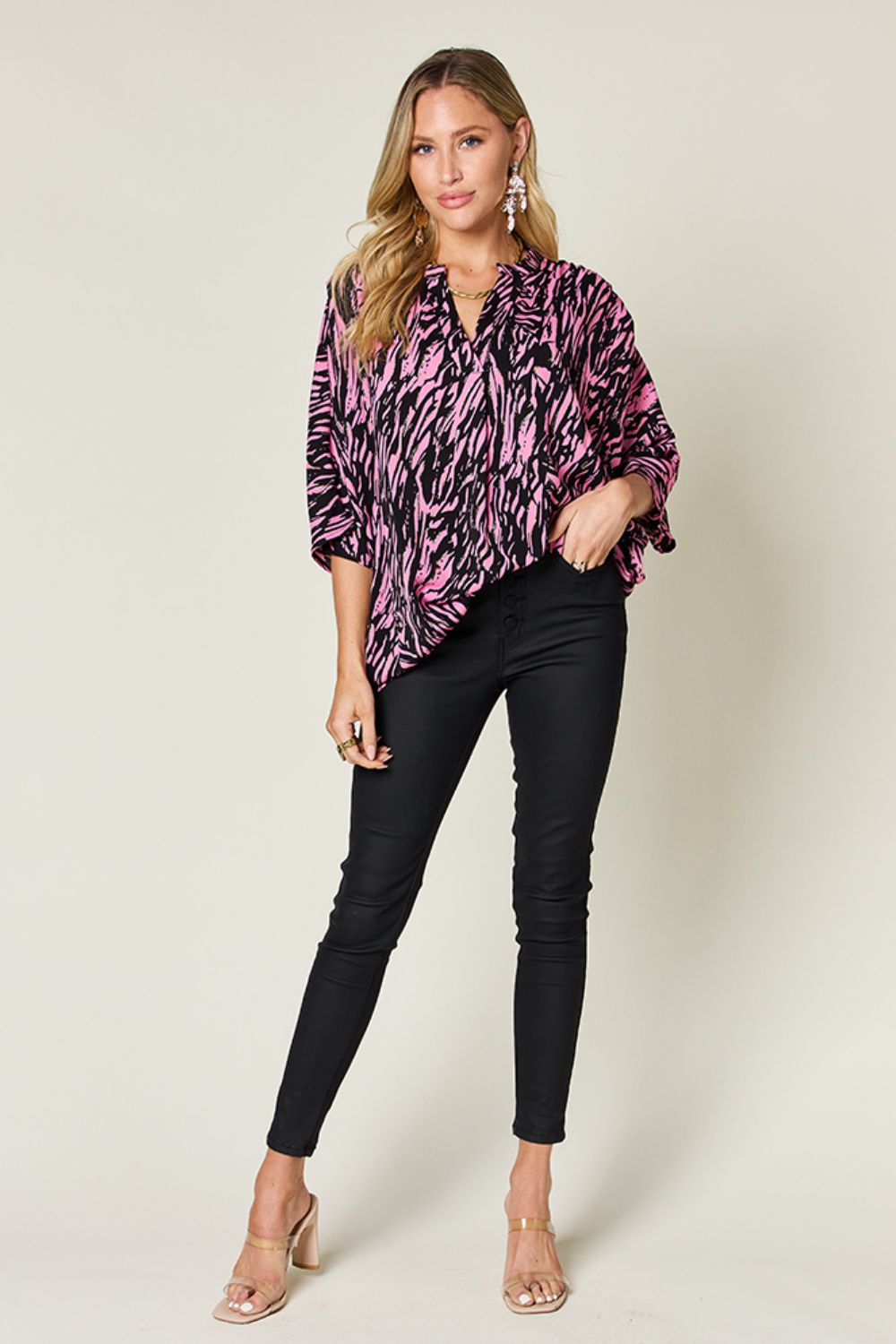 Double Take Printed Notched Three-Quarter Sleeve Blouse