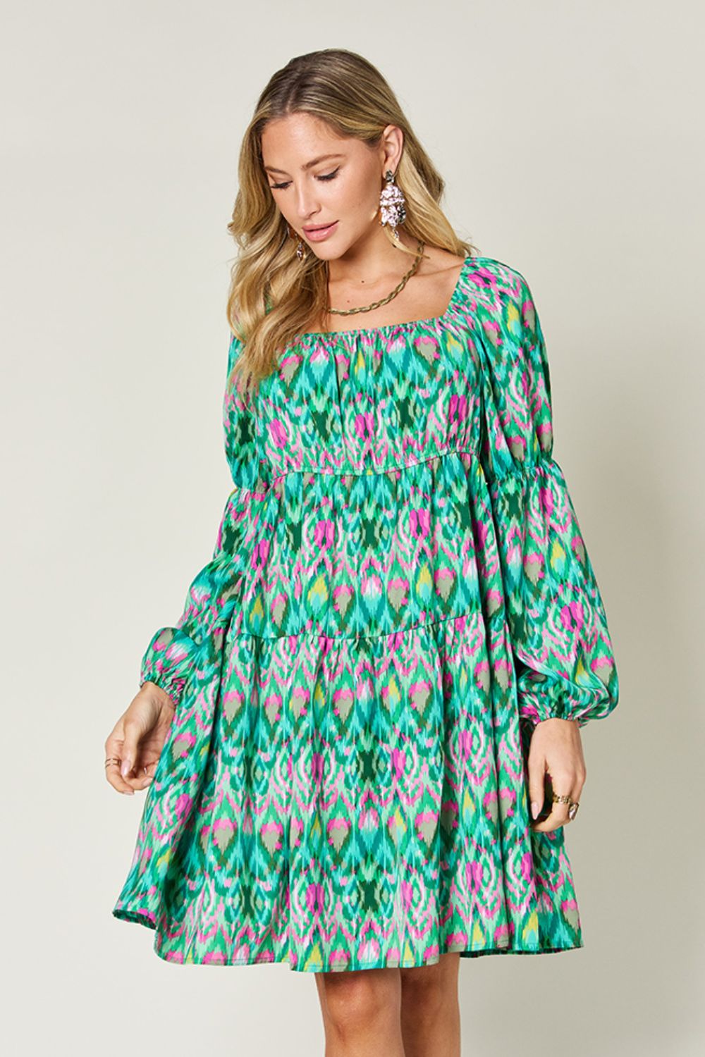 Double Take Printed Long Sleeve Dress