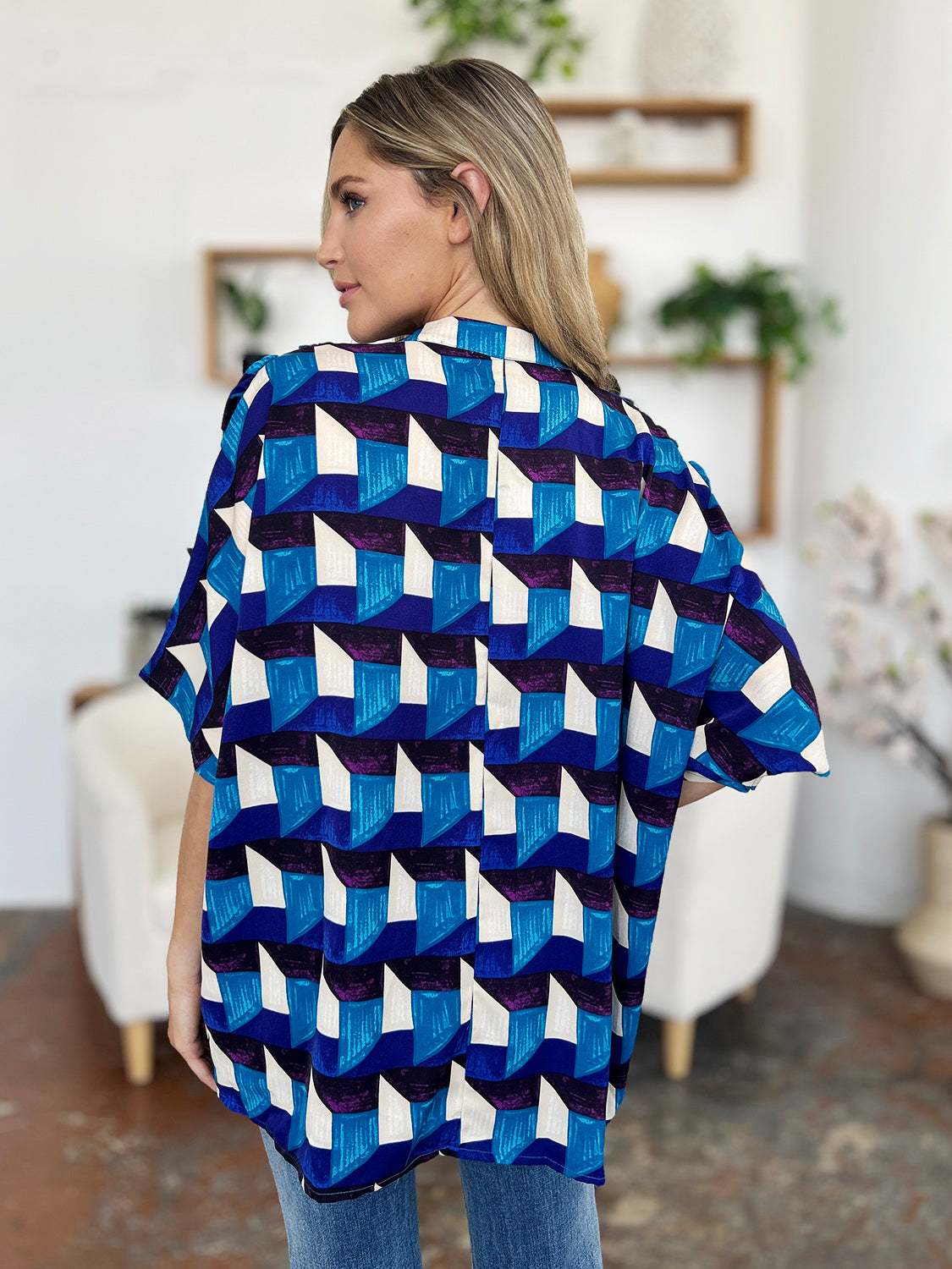 Double Take Geometric Notched Half Sleeve Blouse