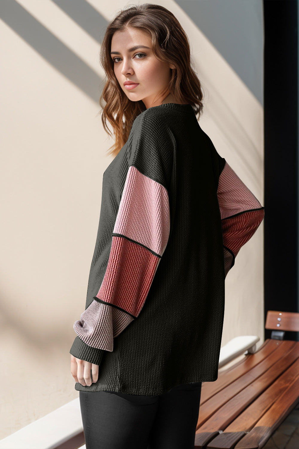 Double Take Color Block Round Neck Long Sleeve T-Shirt