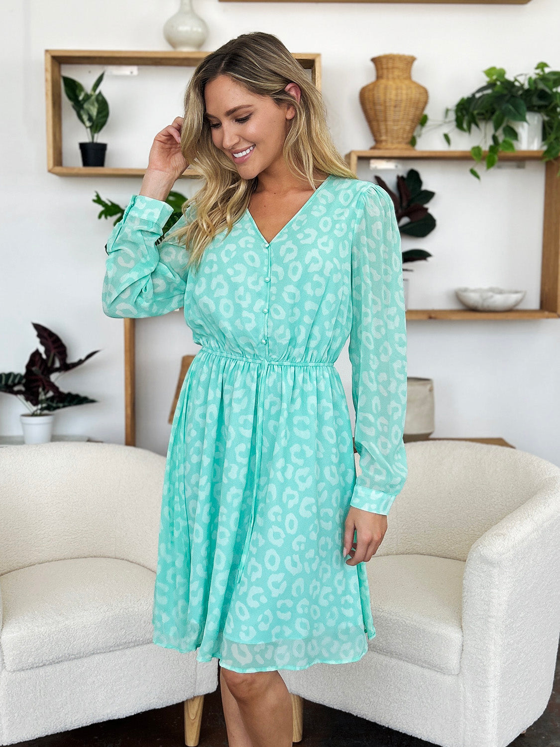 Double Take Printed Ruched V-Neck Long Sleeve Dress