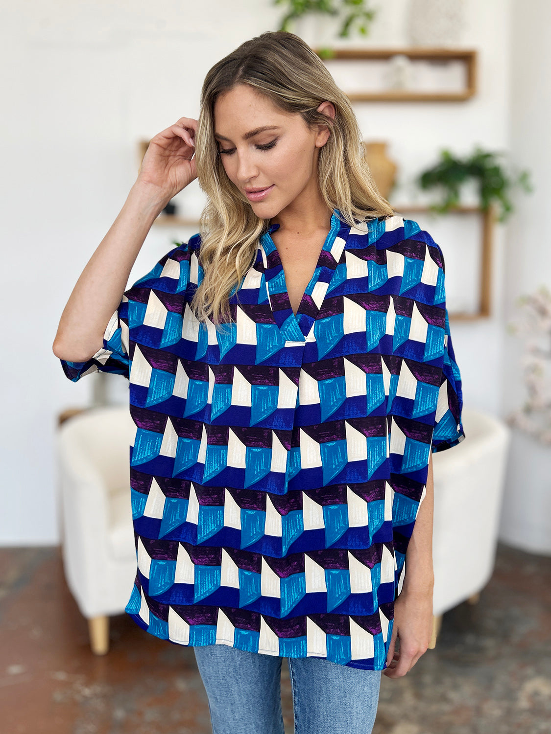 Double Take Geometric Notched Half Sleeve Blouse