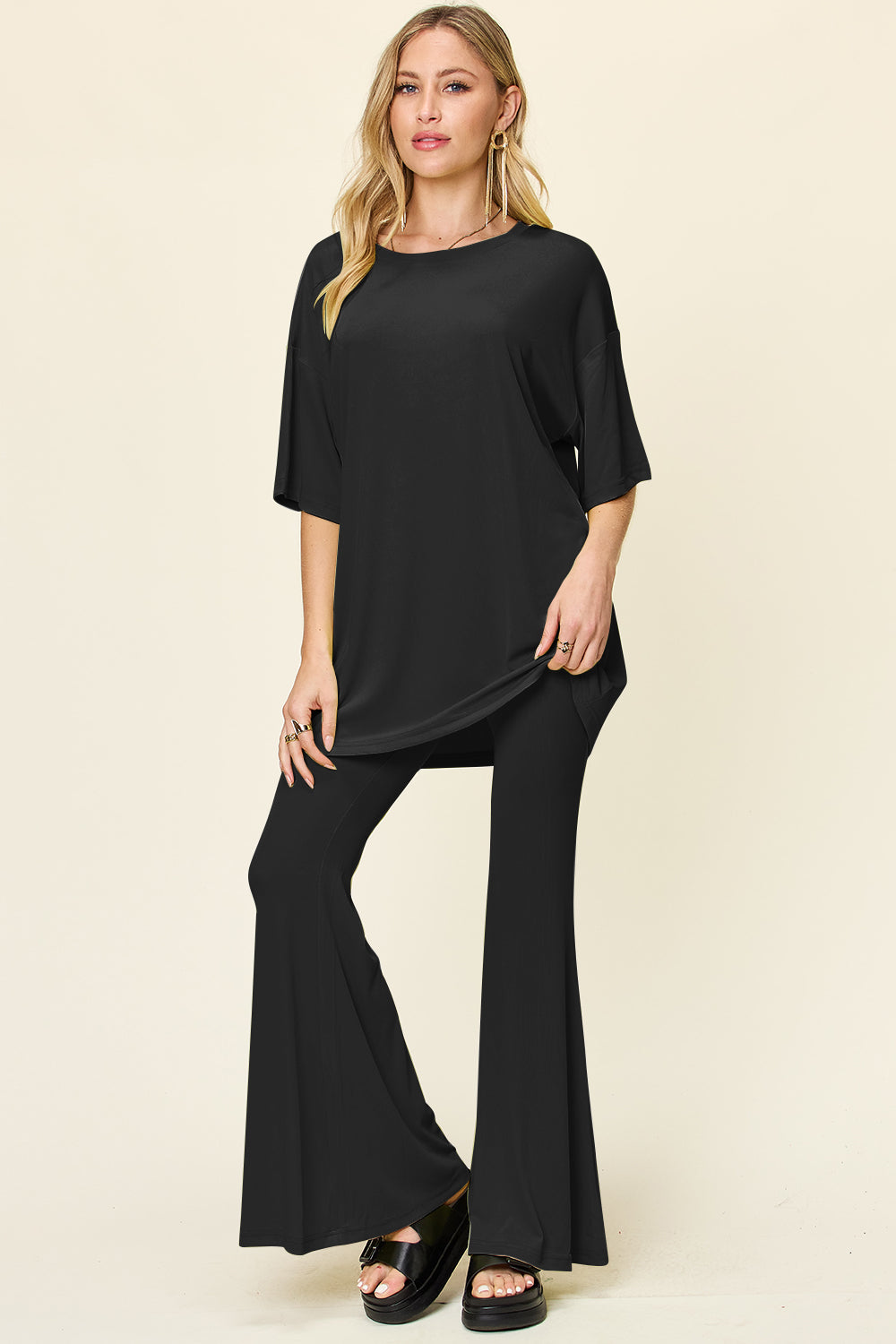 Double Take Round Neck Drop Shoulder T-Shirt and Flare Pants Set