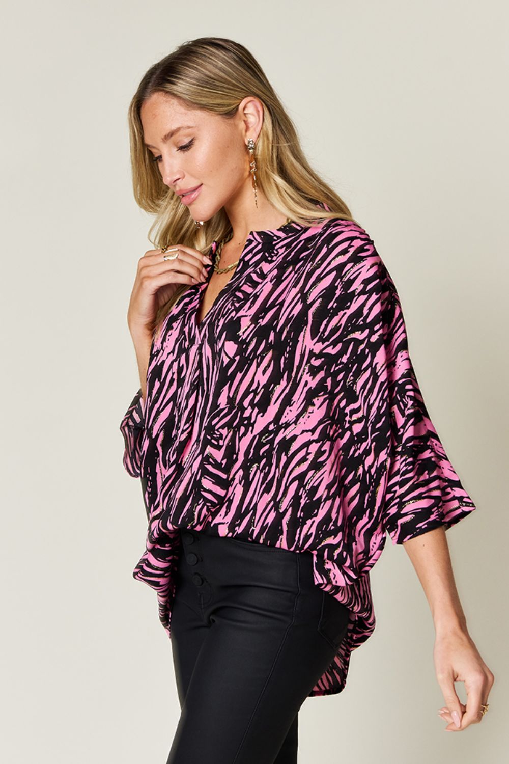 Double Take Printed Notched Three-Quarter Sleeve Blouse