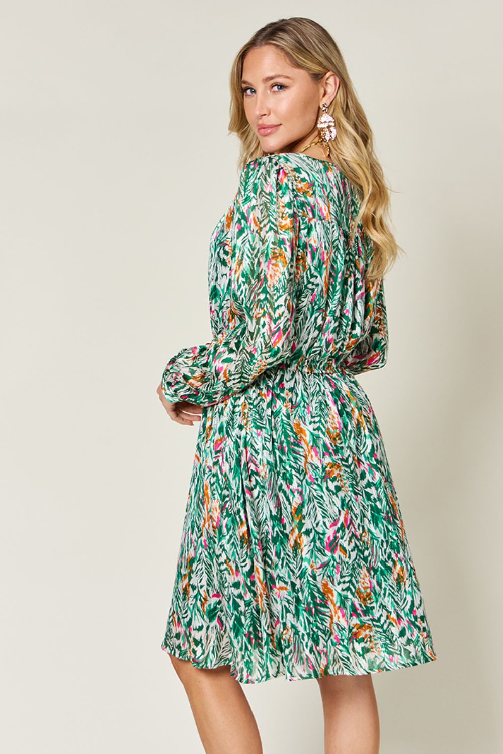 Double Take Printed Drawstring Waist Long Sleeve Dress