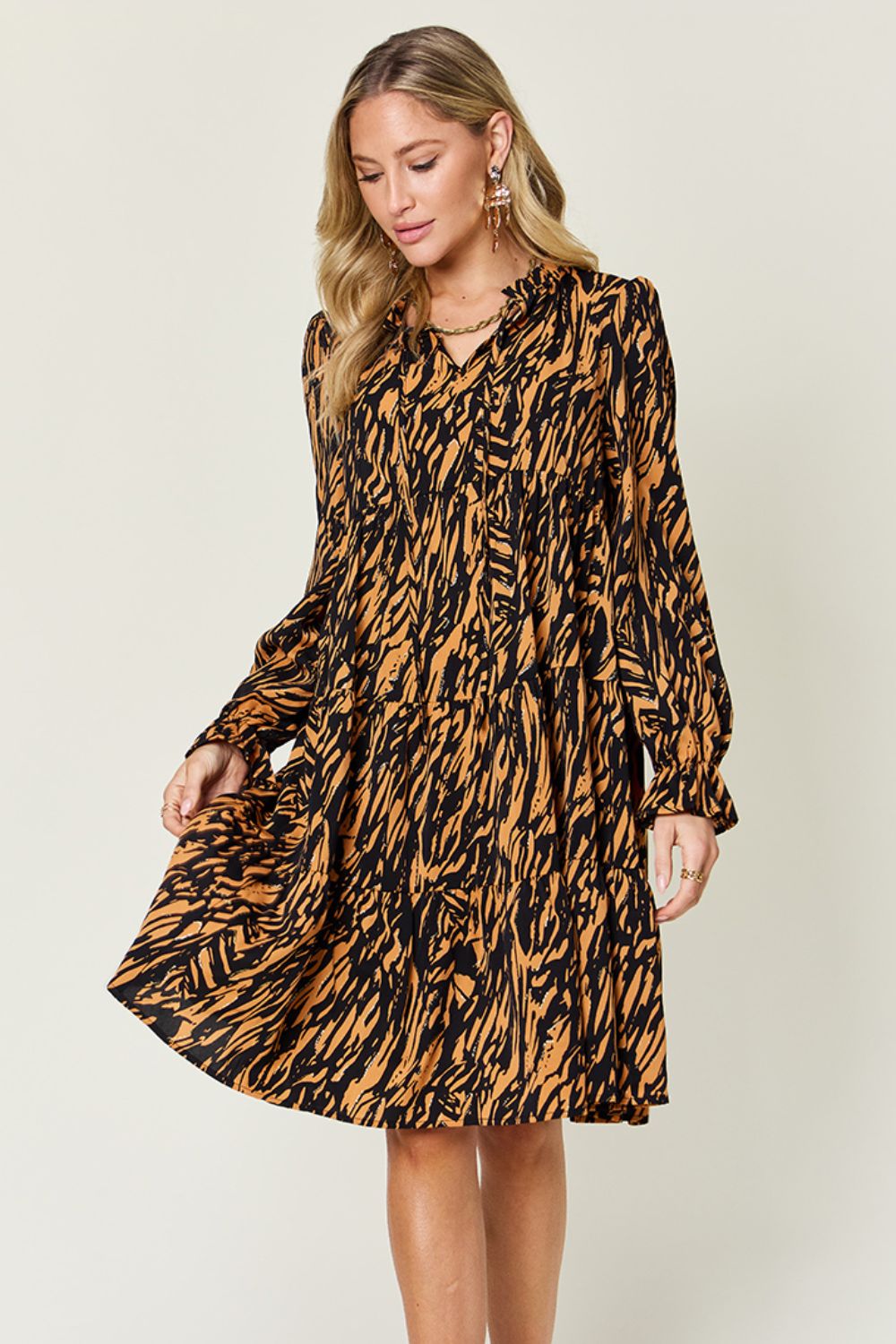 Double Take Printed Ruffle Hem Long Sleeve Dress