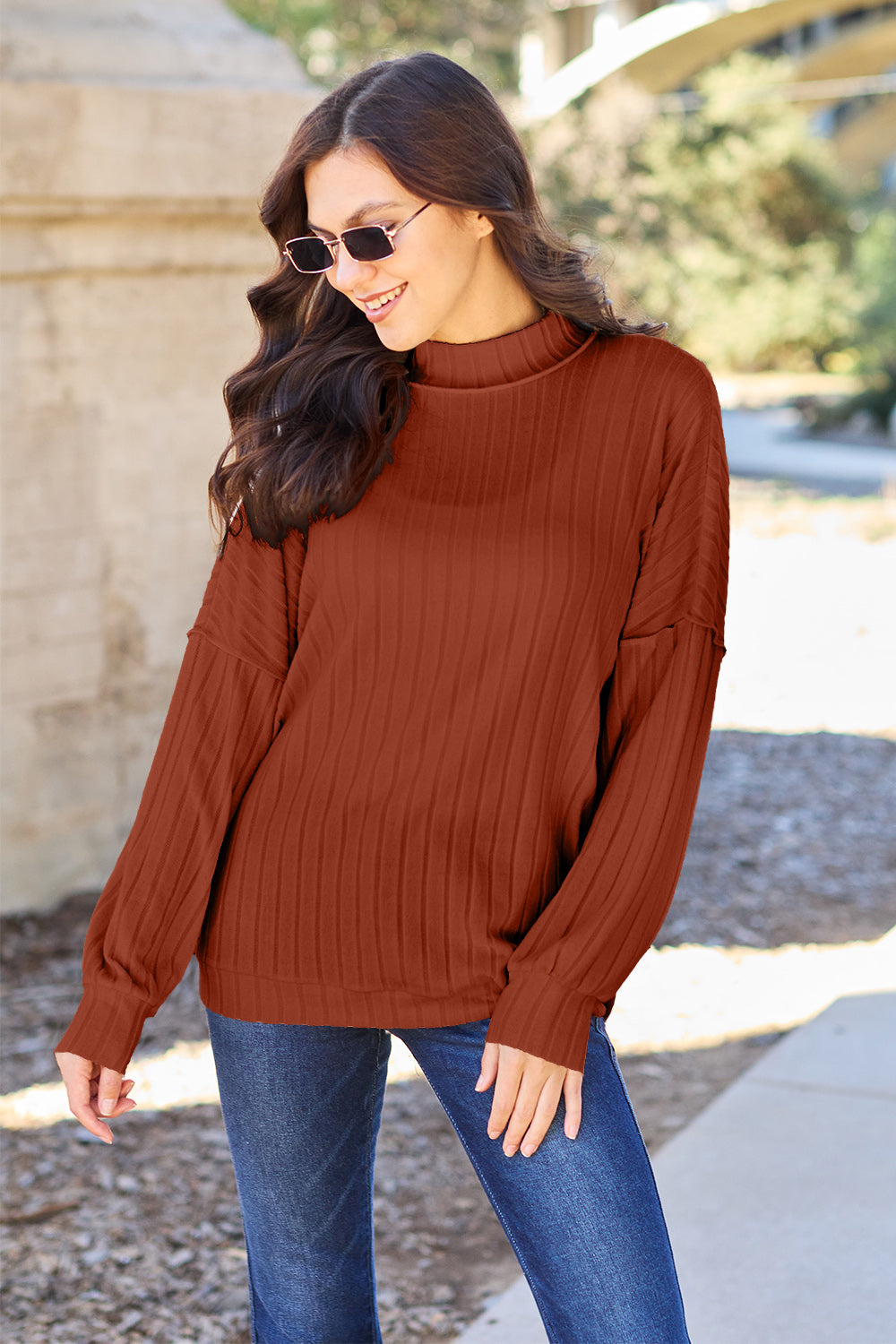 Basic Bae Ribbed Exposed Seam Mock Neck Knit Top