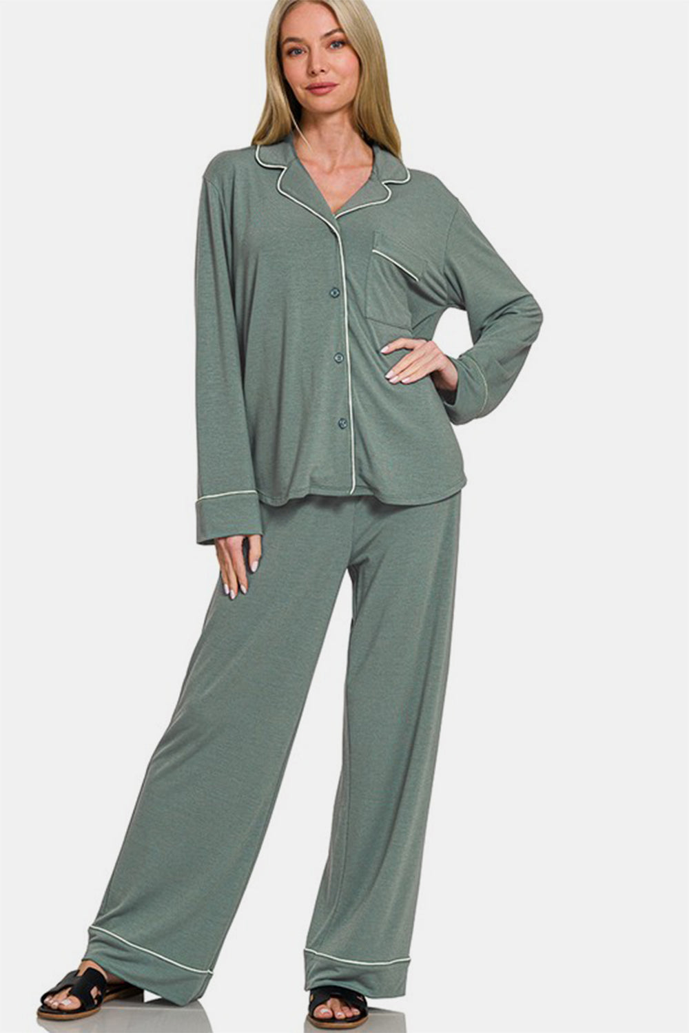 Zenana Button Down Long Sleeve Top and Pants Lounge Set