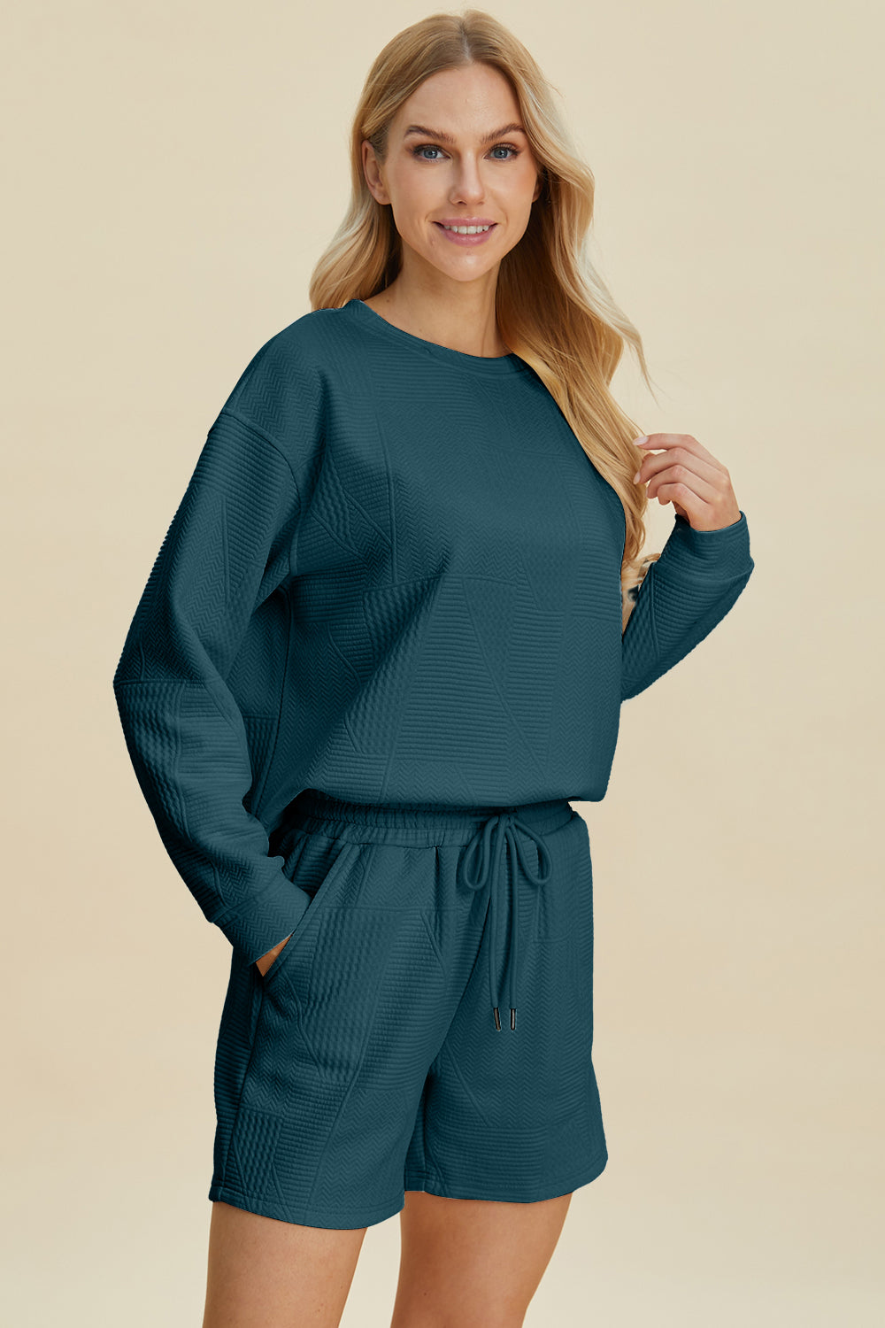 Double Take Texture Round Neck Long Sleeve Top and Shorts Set