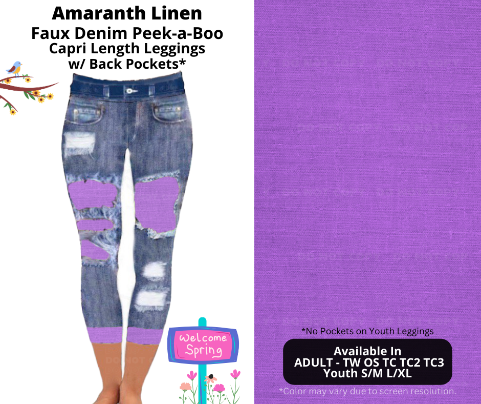 Preorder! Closes 1/13. ETA April. Amaranth Linen Capri Faux Denim Peekaboo