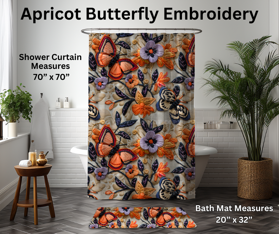 Preorder! Closes 1/6. ETA March. Apricot Butterfly Embroidery Custom Shower Curtain and/or Bath Mat