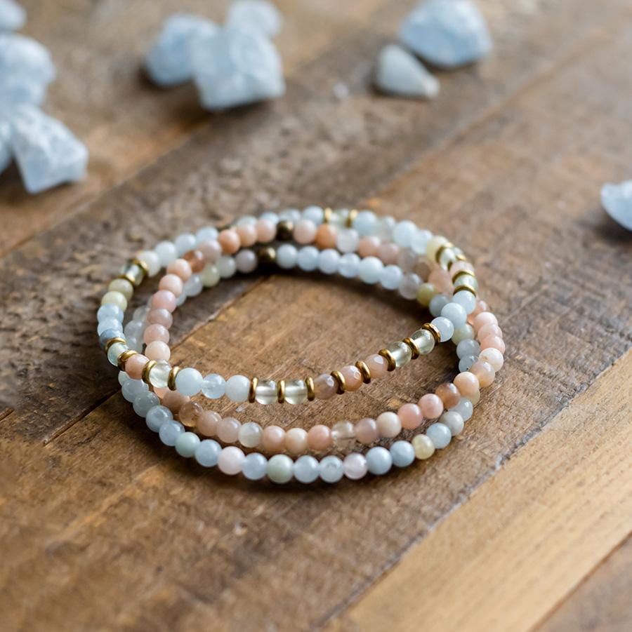 "Joy and Calm" Aquamarine Sunstone and Prehnite Delicate Bracelet Stack