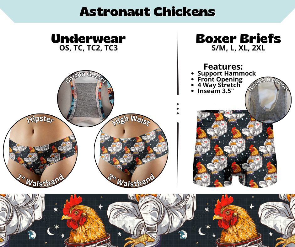 Preorder! Closes 3/13. ETA June. Astronaut Chickens Hipster & High Waist Underwear & Boxer Briefs