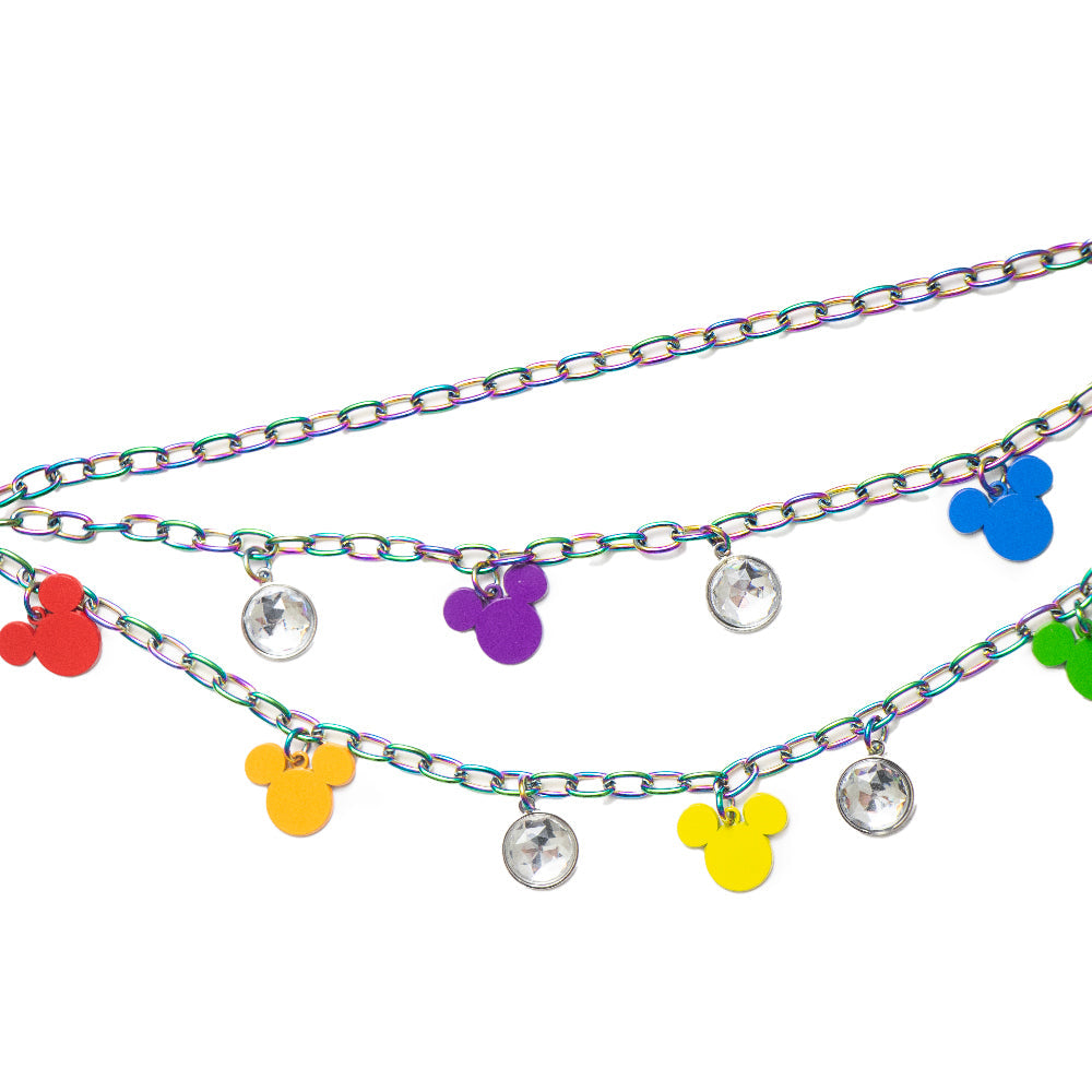 Metal Chain Belt - Iridescent Rainbow Chain with Mickey Mouse Head Charms Multi Color