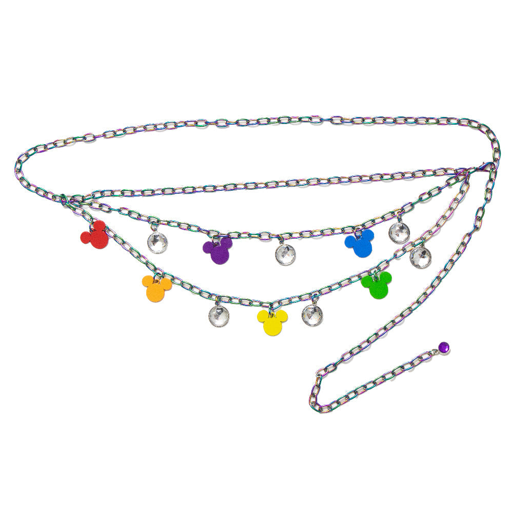 Metal Chain Belt - Iridescent Rainbow Chain with Mickey Mouse Head Charms Multi Color